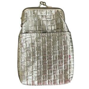 Retro Style Wallet Kisslock Case- Metallic Silver Woven- outer pocket- some wear